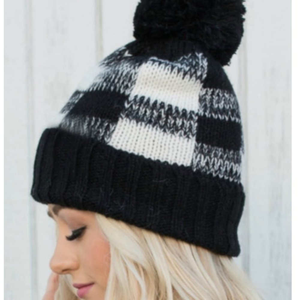 Black Buffalo Plaid Beanie with Pom